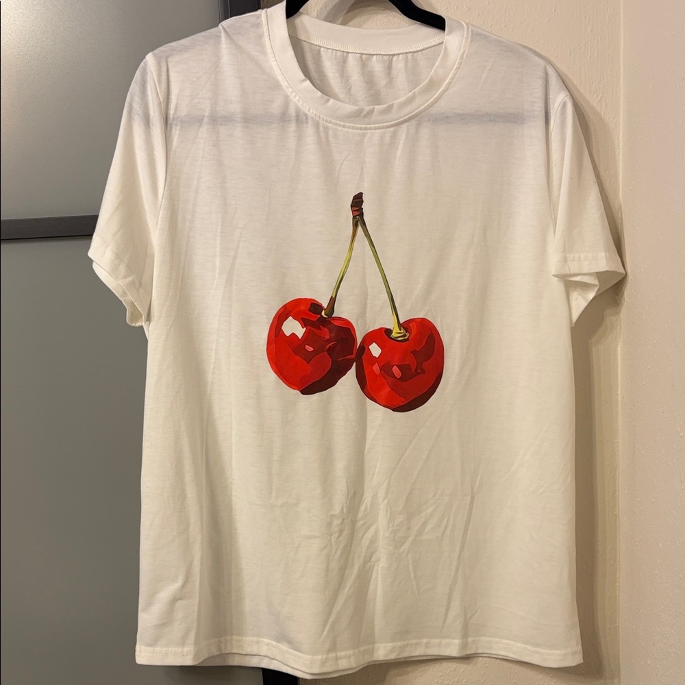 White Tee with Red Cherry Graphic
